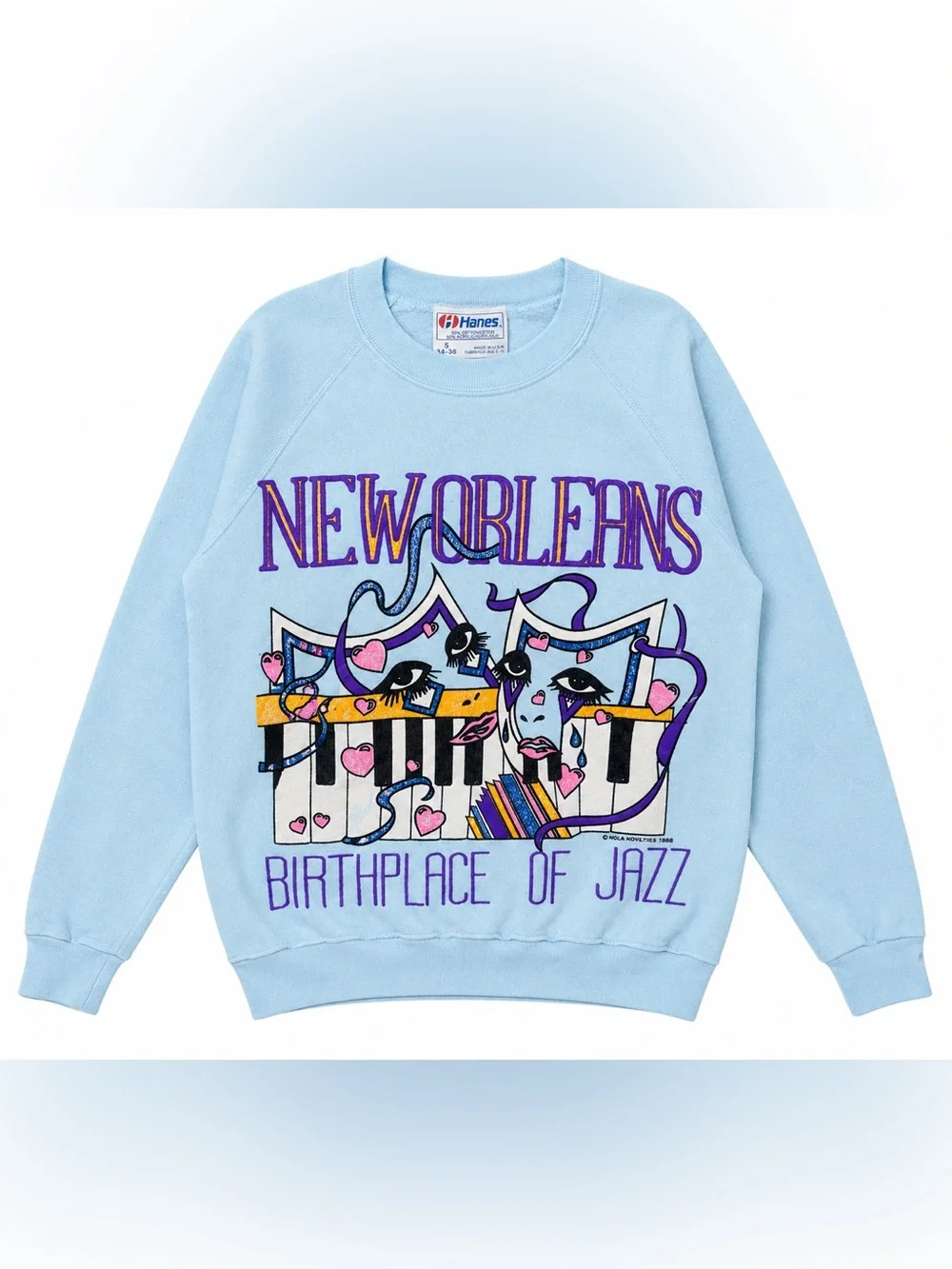 VTG 80s Hanes New Orleans Jazz Sweatshirt S USA Baby Blue Mardi Gras Piano Mask